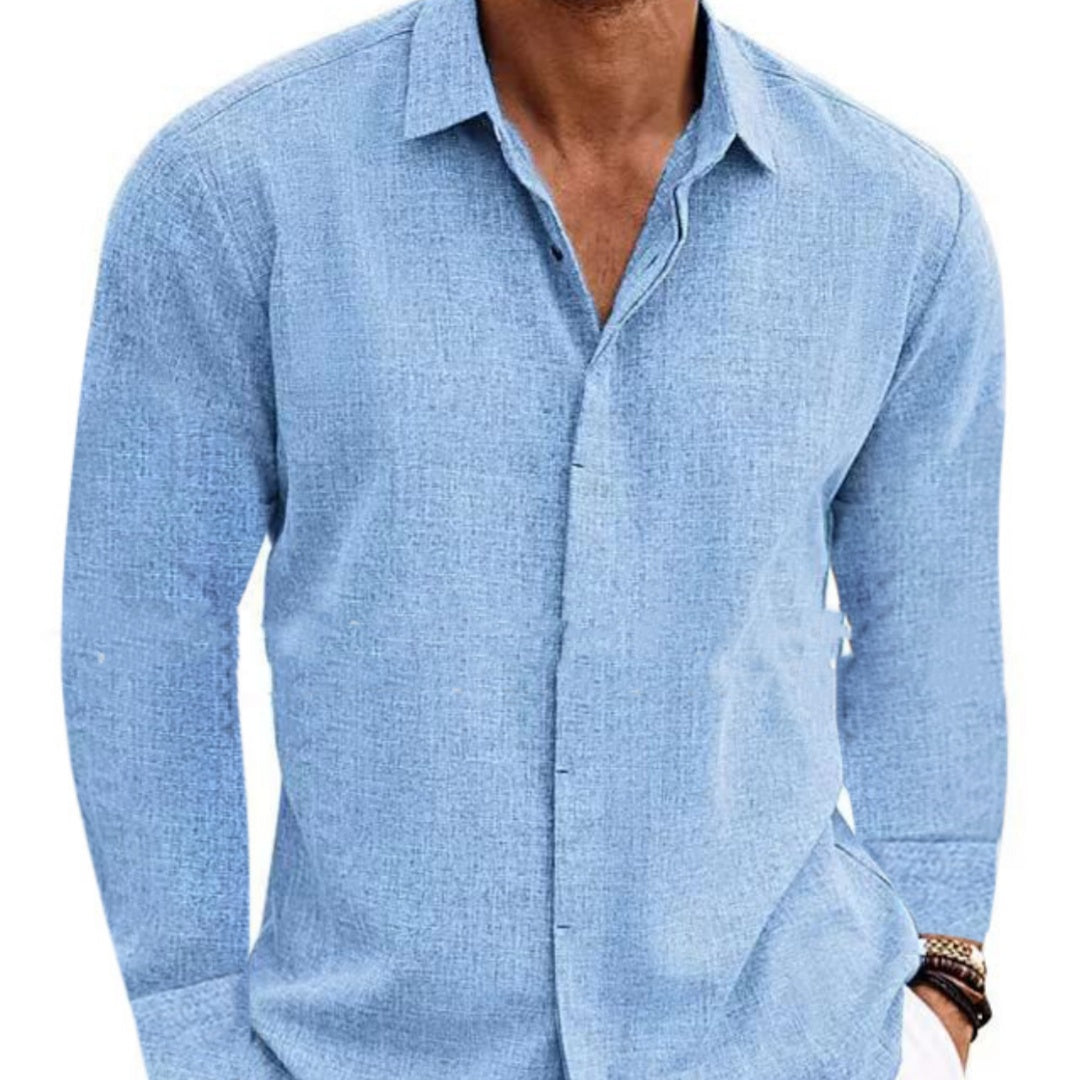 Men's Long Sleeve Cotton Linen Shirt | Solid Color Undershirt & Everyday Top Blue 0 bfb2f451-97c8-494f-8d75-8374e3af28c3 FIOLKA BOUTIQUE