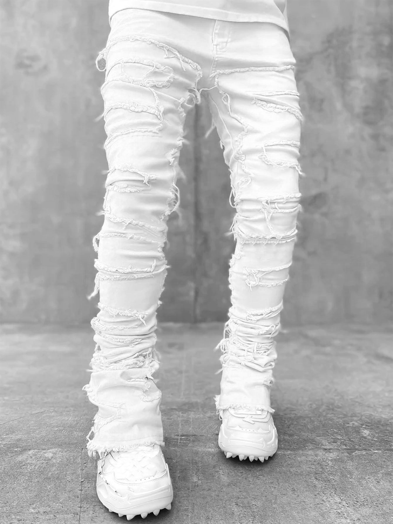 Men's Fringe Ripped Stacked Jeans | Patched Tight Fit Long Denim Pants White 4 c083b83d-5272-4215-95e8-8eeaeda660f8 FIOLKA BOUTIQUE