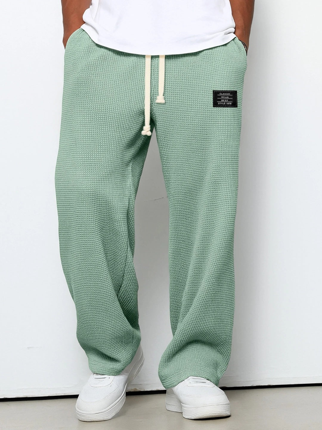 Men's Waffle Straight Leg Pants | Loose Drawstring Pocket Casual Trousers Light Green 0 c31c86ce-ce21-45b8-9980-24e89148dd57 FIOLKA BOUTIQUE