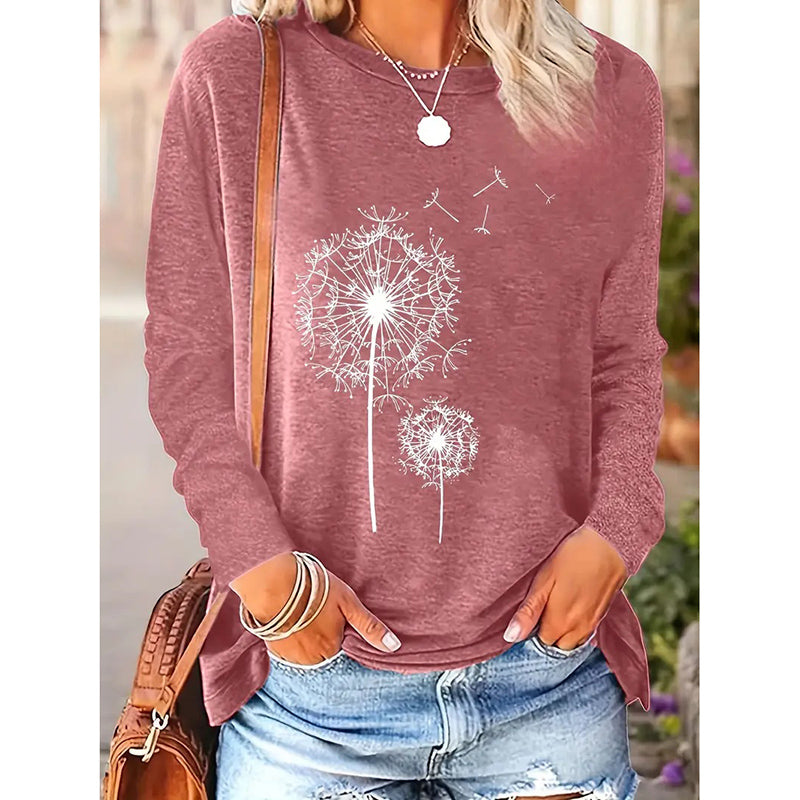 Women's Floral Print Crewneck Long Sleeve Pullover | Casual Graphic Tee