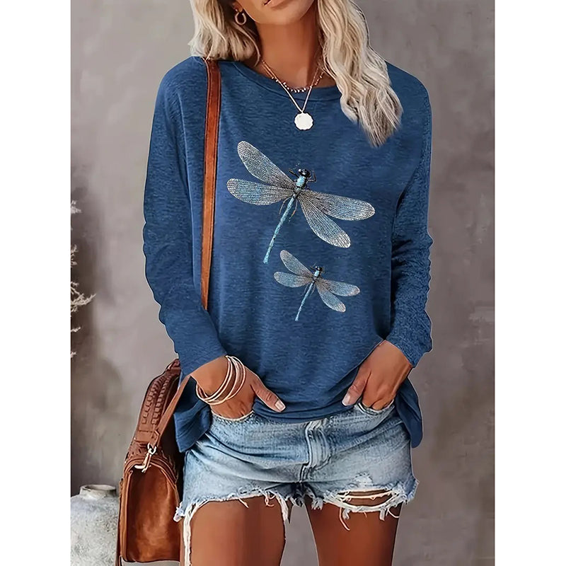Women's Dragonfly Print Crew Neck T-Shirt | Casual Long Sleeve Top for Spring & Fall Sea Blue S 5 c5c130d9-a2a7-45ee-a8f1-aee88ea5296c FIOLKA BOUTIQUE