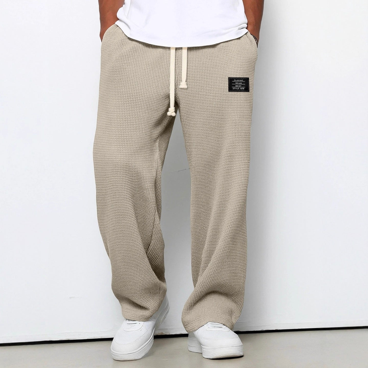 Men's Waffle Straight Leg Pants | Loose Drawstring Pocket Casual Trousers Khaki 0 c84d2cf6-41a1-4195-8e31-7c9f388a9e10 FIOLKA BOUTIQUE