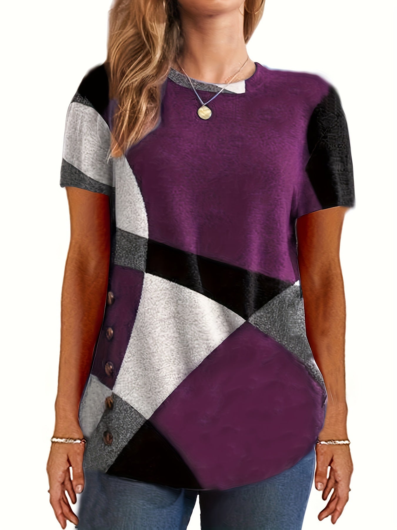 Women's Plus Size Color Block T-Shirt | Casual Short Sleeve Round Neck Stretchy Tee Purple 5 cfaaf2a3-f14e-4139-b65b-5ce0e0564e85 FIOLKA BOUTIQUE