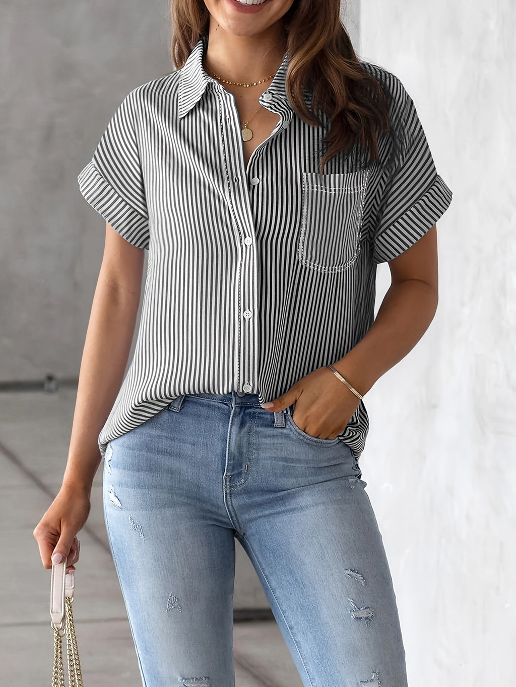 Women's Plus Size Striped Blouse | Elegant Casual Short Sleeve Button-Up Collared Shirt with Pocket