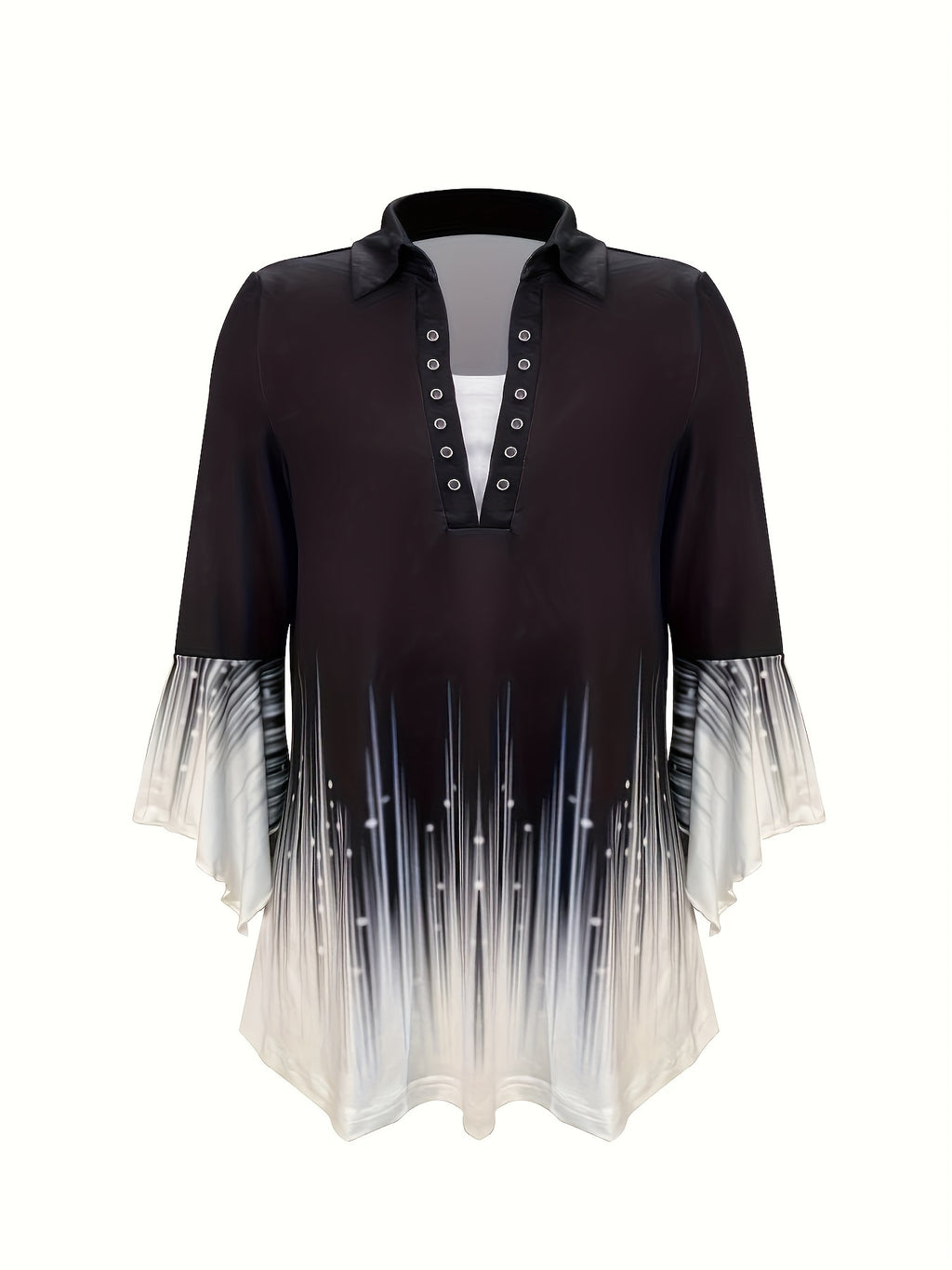 Spring And Autumn New Printed Lapel Three-quarter Sleeve T-shirt Irregular Cuff Button Top