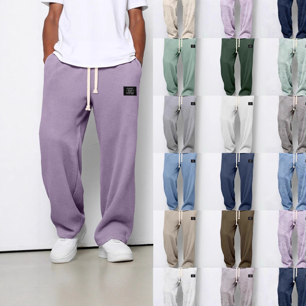 Men's Waffle Straight Leg Pants | Loose Drawstring Pocket Casual Trousers