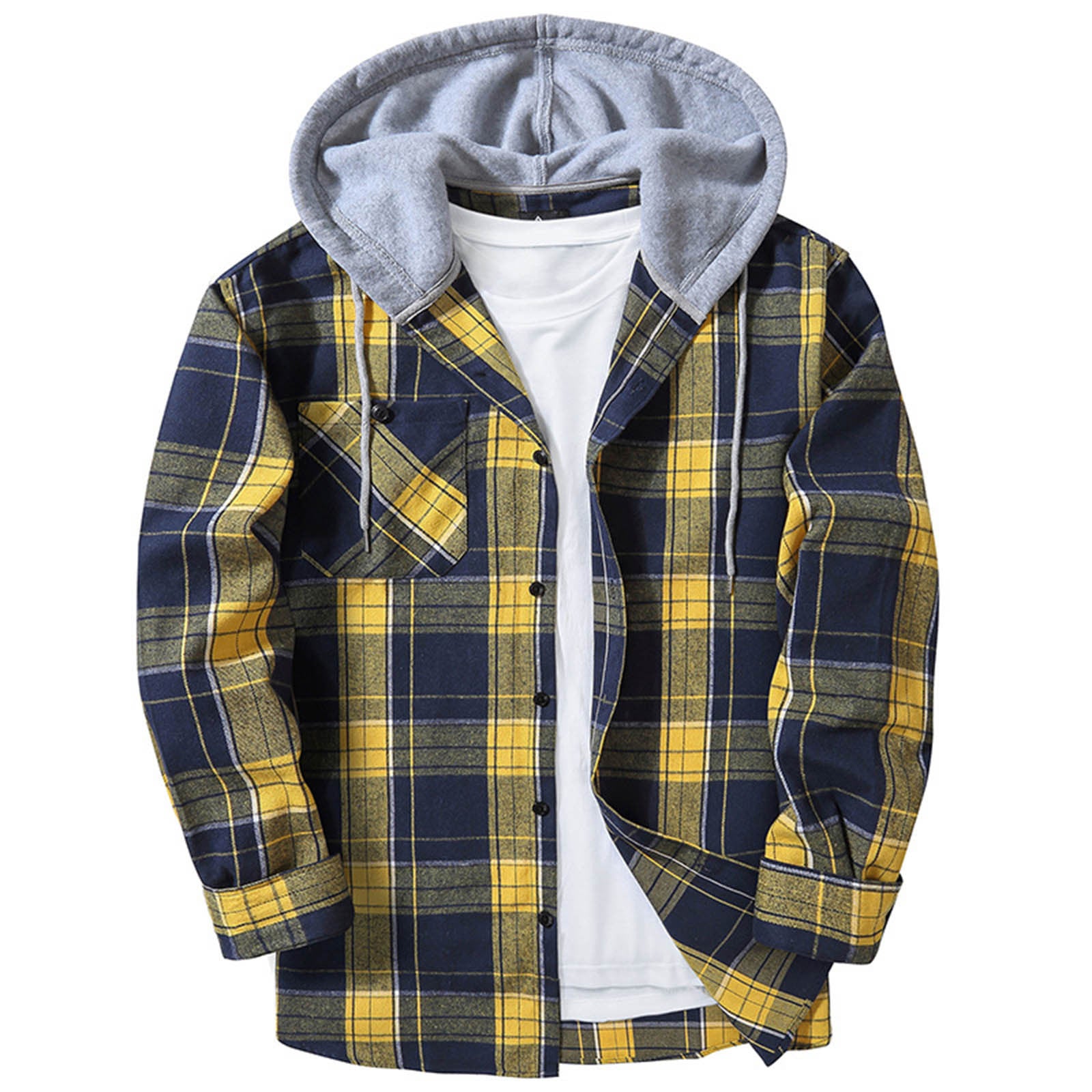 Men's Hooded Plaid Shirt | Casual Long Sleeve Flannel Top Yellow Navy Blue 0 dd45d84a-cf4c-4f95-bff0-a8c922f2d2dd FIOLKA BOUTIQUE