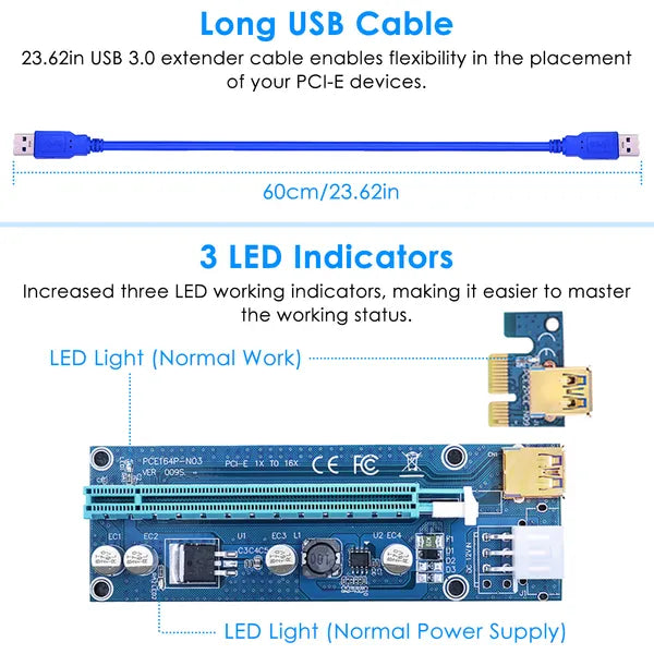 5Sets PCI-E PCI Express Risers GPU Mining Powered Riser Adapter Card W/ 23.62in USB 3.0 Cable MOLEX To SATA