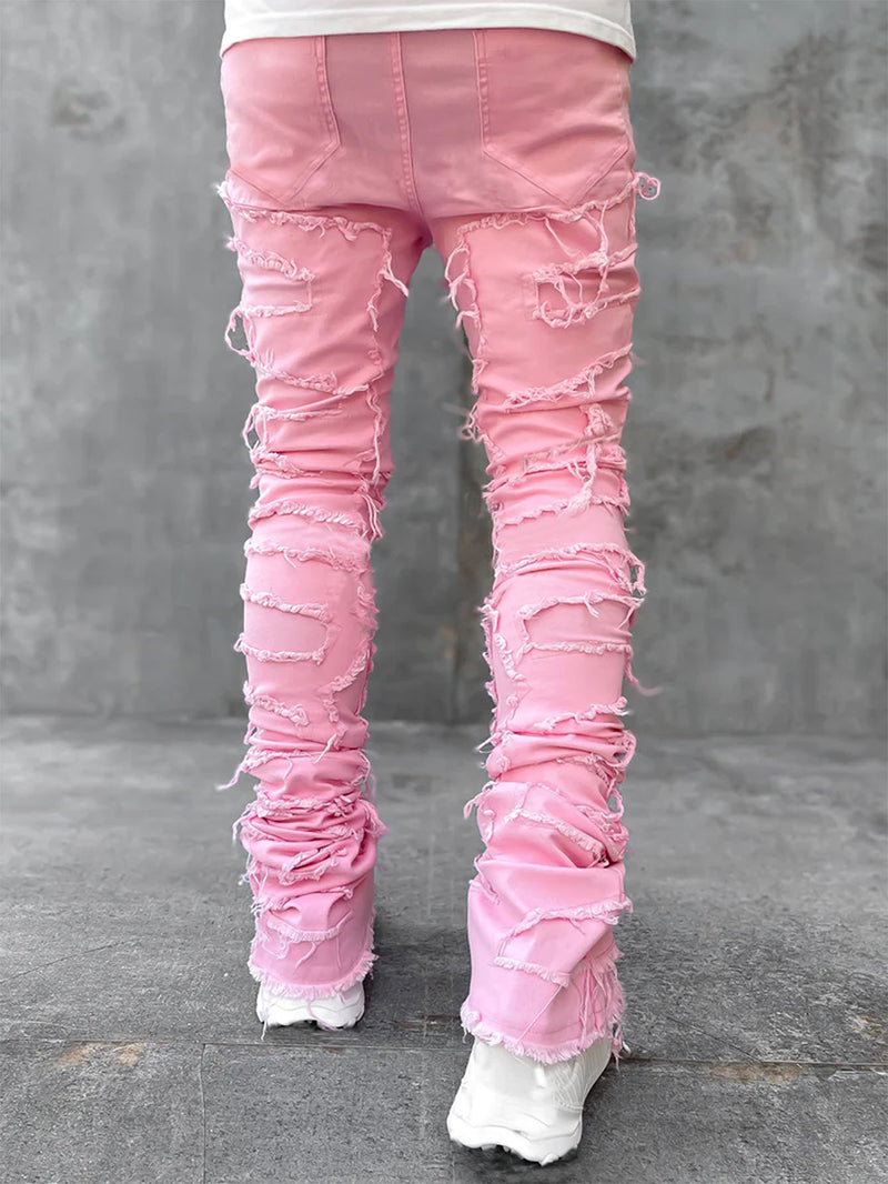 Men's Fringe Ripped Stacked Jeans | Patched Tight Fit Long Denim Pants