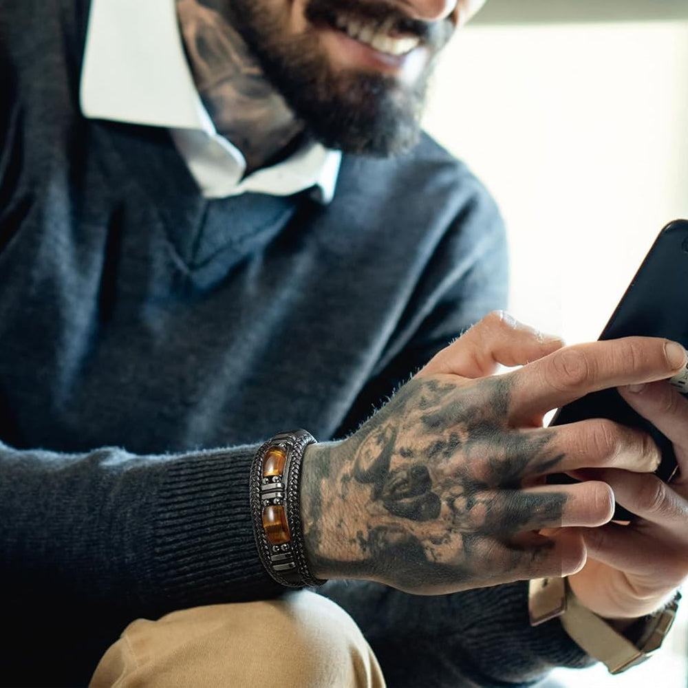 Natural Tiger Eye Stone Bracelet For Men Women - Handmade Leather Braided Healing Bracelet, Courage & Luck Meaning, Birthday Christmas Gift