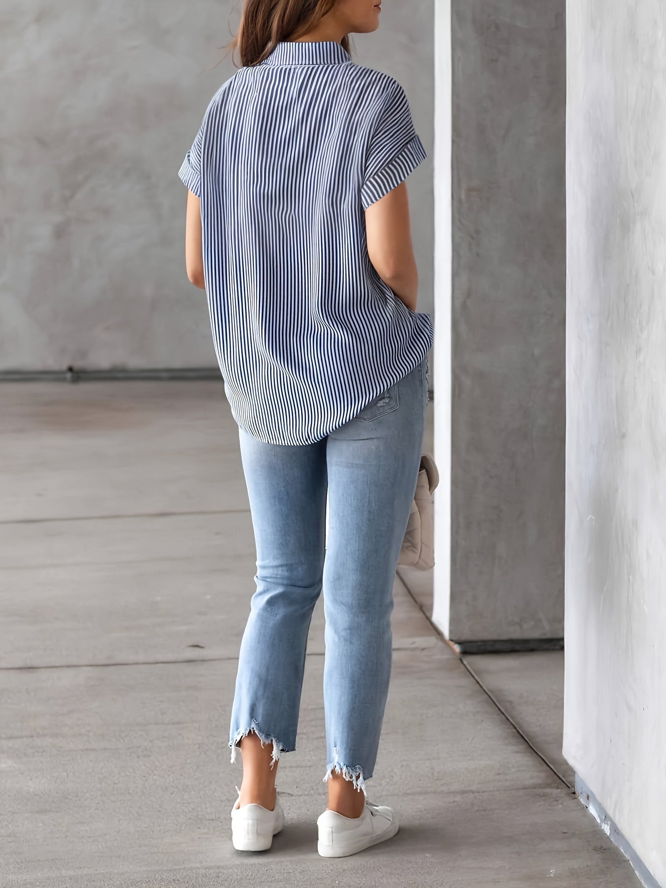 Vertical Striped Button Front Shirt, Stylish Short Sleeve Shirt For Spring & Summer, Women's Clothing