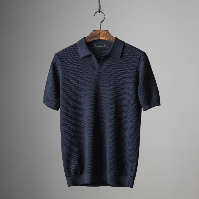 Men's V-Neck Knit Lapel Short Sleeve Top | Casual Summer Fashion Shirt Navy Blue 0 e90d4ac9-dfde-480e-ad25-17b0a04b0769 FIOLKA BOUTIQUE