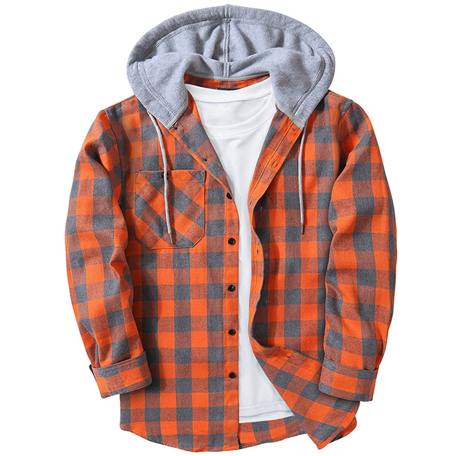 Men's Hooded Plaid Shirt | Casual Long Sleeve Flannel Top Orange 0 f5064bf3-84e1-4356-aefc-99ff546885bb FIOLKA BOUTIQUE