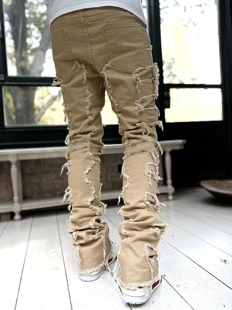 Men's Fringe Ripped Stacked Jeans | Patched Tight Fit Long Denim Pants