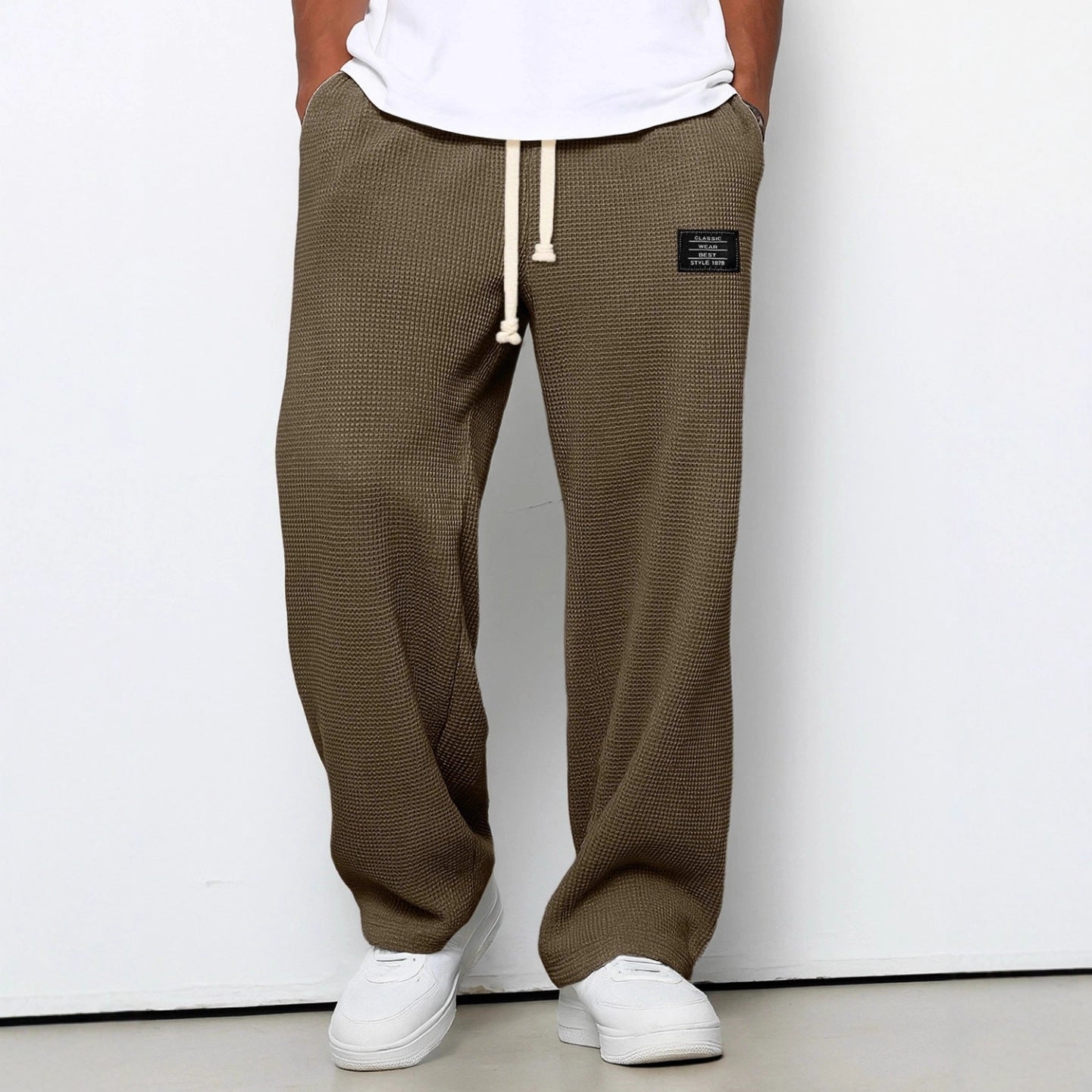 Men's Waffle Straight Leg Pants | Loose Drawstring Pocket Casual Trousers