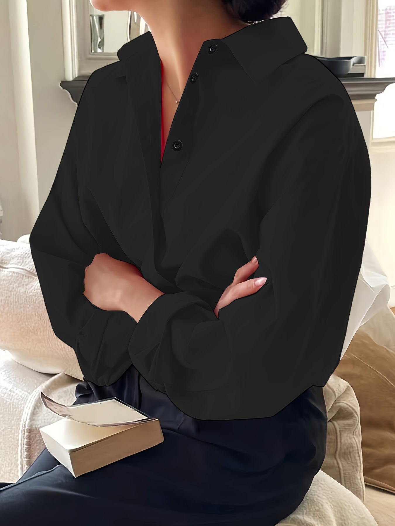 Plus Size Women's Elegant Casual Business Long Sleeve Shirt - Classic Collar Button-Up Blouse, Solid Color Non-See-Through Fabric,