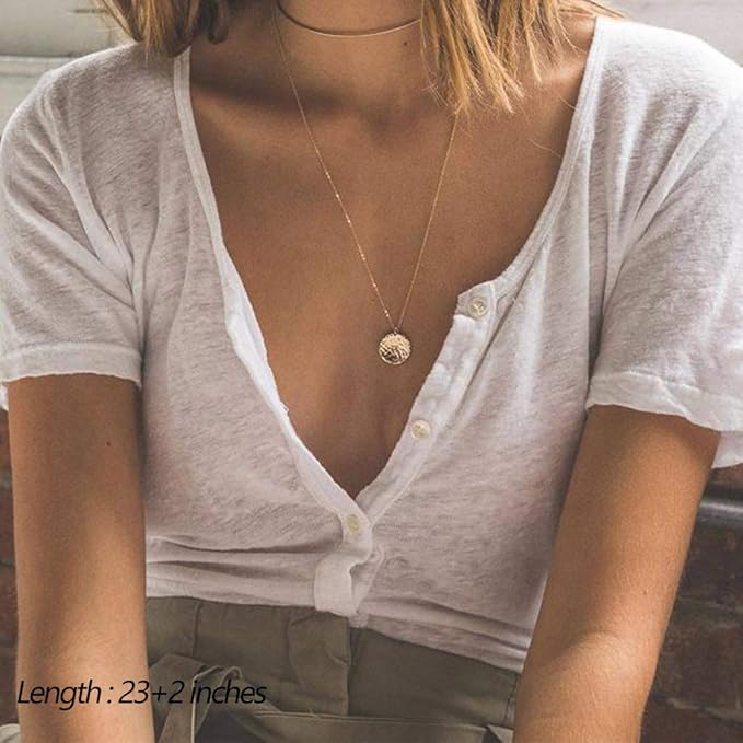 Dainty Layered Choker Necklace | 14K Gold Plated Y Pendant Multilayer Bar Disc Adjustable