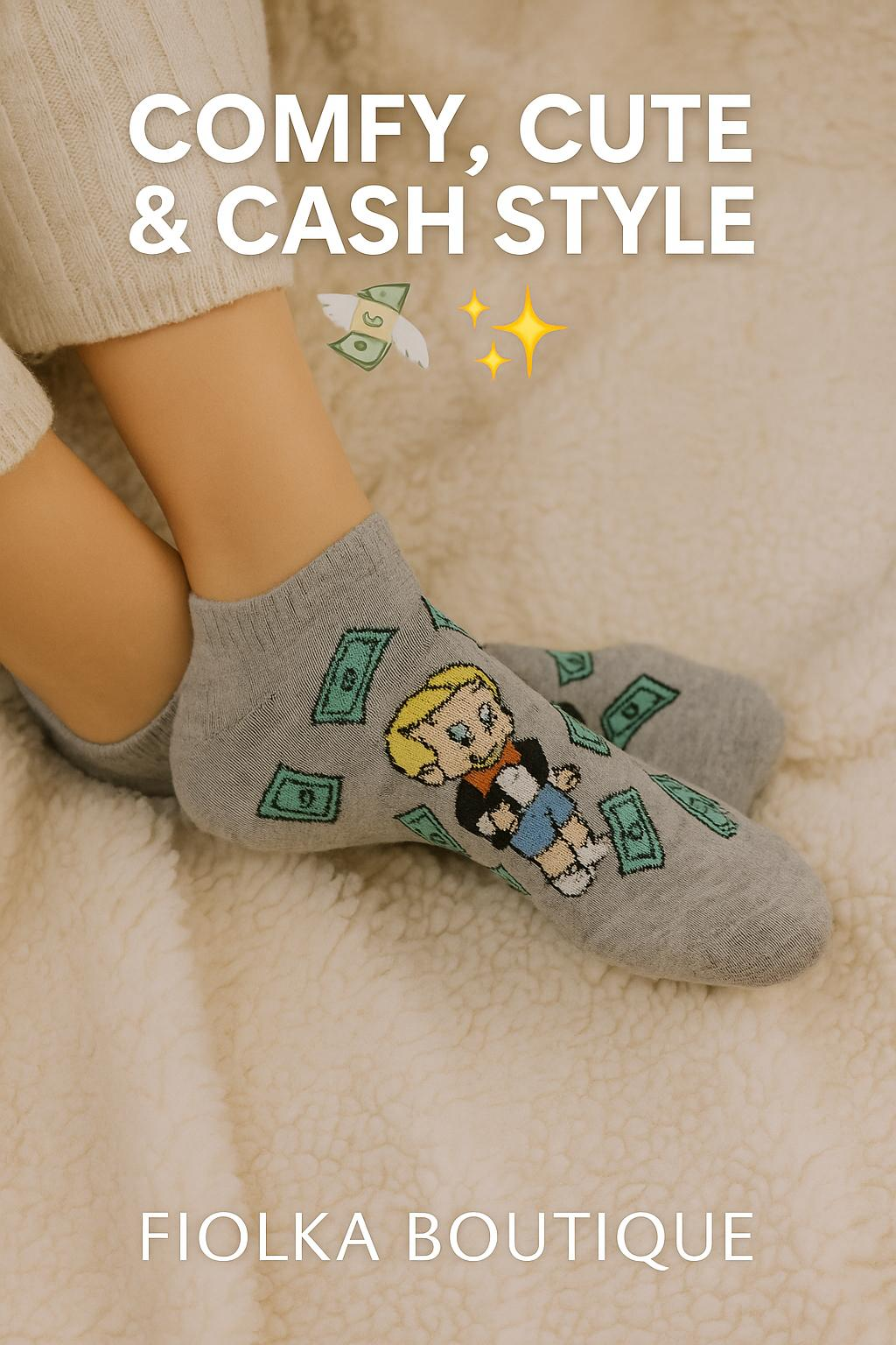 Women’s 5-Pack “Money Mood” No-Show Socks – Fun Cartoon Cash Design