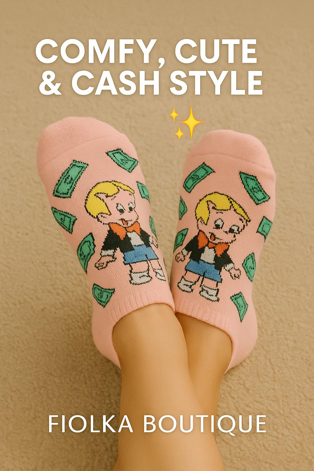 Women’s 5-Pack “Money Mood” No-Show Socks – Fun Cartoon Cash Design